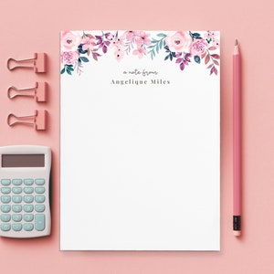 Bloc de notas personalizado, bloc de notas con ilustraciones florales rosas, papelería personalizada