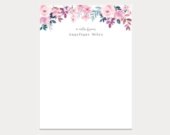 Personalized Notepads, Pink Floral Illustrated Custom Notepads, Customized Stationery