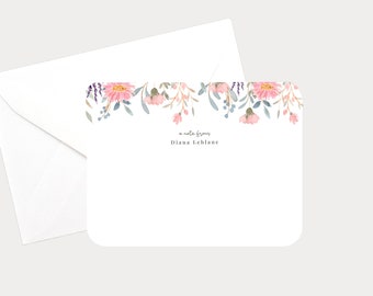 Personalized Flat Card Set of 12, Floral Illustrated Custom Notecards, Customized Stationery