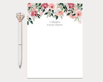 Personalized Notepads, Rose Floral Illustrated Custom Notepads, Customized Stationery