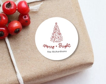Personalized Merry and Bright Boho Christmas Tree Classic Round Sticker