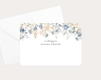 Personalized Flat Card Set of 12, Floral Illustrated Custom Notecards, Customized Stationery