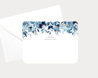 Personalized Flat Card Set of 12, Floral Illustrated Custom Notecards, Customized Stationery