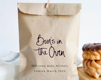 Buns in the Oven - Personalized Party Favor Paper Bags, Baby Shower Donut Bags, Girl or Boy Shower Decorations