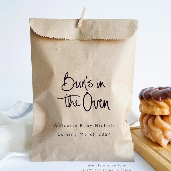 Buns in the Oven - Personalized Party Favor Paper Bags, Baby Shower Donut Bags, Girl or Boy Shower Decorations