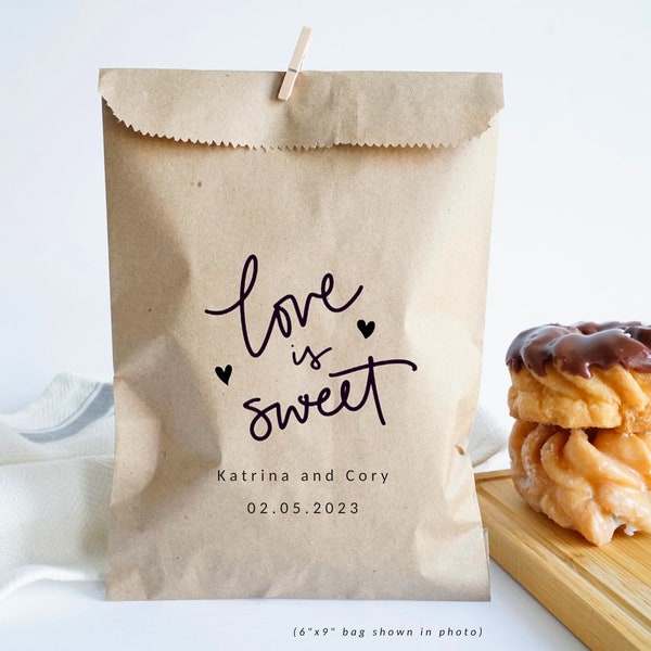 Love is Sweet - Personalized Wedding Favor Paper Bags, Brown Cookie Treat Bags, Bachelorette Favors