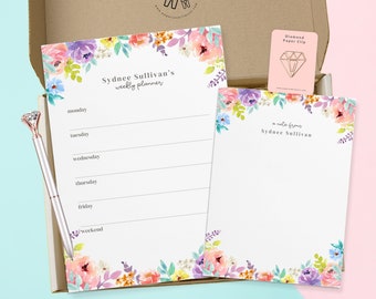 Personalized Floral Stationery Set, Gifts for Her, Daily Planner Notepad Gift Set