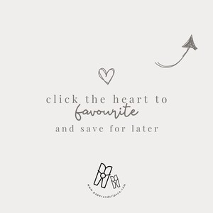 May include: Click the heart to favorite and save for later.  A hand-drawn heart and arrow point to the text.  The text is in a simple, modern font.  The image also includes a logo for the company "Paper and Clips Co."