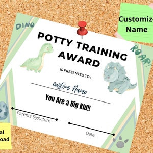 Dinosaur Potty Training Award, Certificate, Diploma, Toddler Reward, Customize Name, Toilet Training Reward, Award for Potty, Big Kid