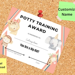 Premio de entrenamiento para ir al baño de animales del zoológico, certificado, diploma, recompensa para niños pequeños, nombre personalizado, recompensa de entrenamiento para ir al baño, premio para ir al baño, niño grande
