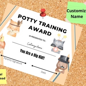 Puede incluir: Un certificado de entrenamiento para ir al baño imprimible con un fondo naranja claro y rayas azules y blancas. El certificado presenta un mapache, un zorro y un oso con sombreros. El texto en el certificado dice "Potty Training Award" y "You Are a Big Kid!"