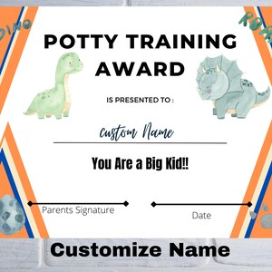 Dinosaur Potty Training Award, Certificate, Diploma, Toddler Reward, Customize Name, Toilet Training Reward, Award for Potty, Big Kid
