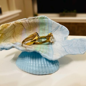 Seashell ring dish, decoupage trinket dish, coastal decor, handmade seashell jewelry bowl, gifts for her