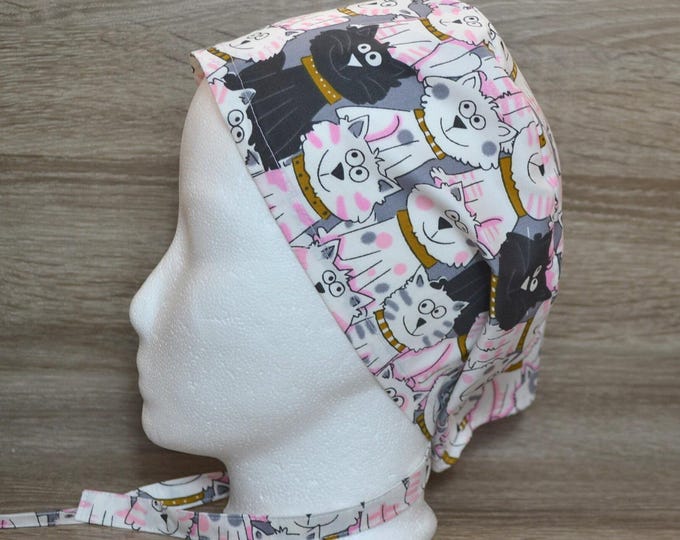 Surgical cap with cat design, terry cloth band, scrub cap, bandana, peeling cap, cosmetic cap, chef's cap, surgical caps, white with cats, handmade