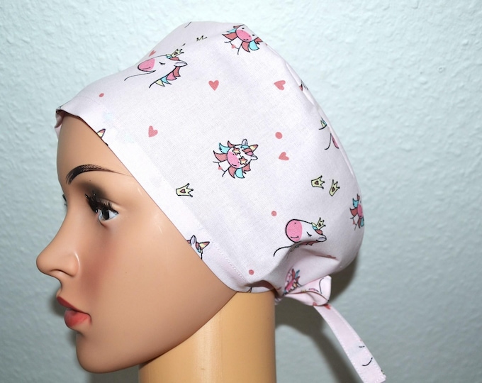 Surgical cap unicorn terry cloth band, scrub cap, cosmetic cap, cooking cap, bandana, peeling cap, surgical caps, pink with unicorns, handmade