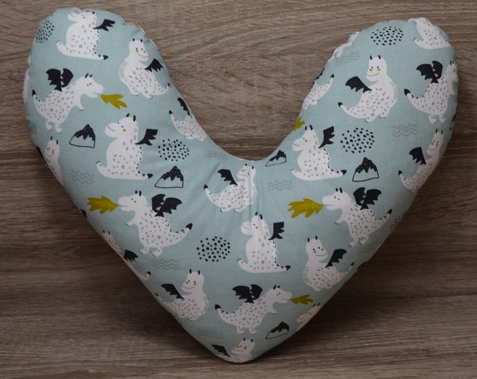 Heart pillow, chest heart pillow, mastectomy pillow, forearm pillow, breast surgery pillow, mint with small dragons, handmade
