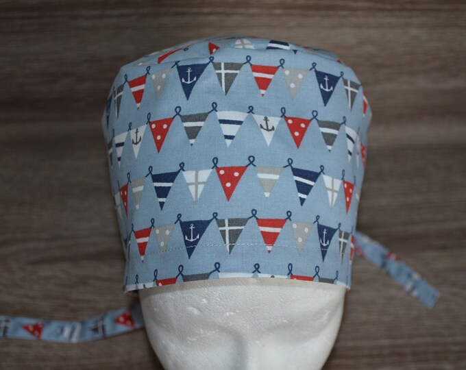 Surgical cap pennant terry cloth band, scrub cap, bandana, cosmetic cap, chef's hat, peeling cap, surgical caps, gray with pennant, handmade