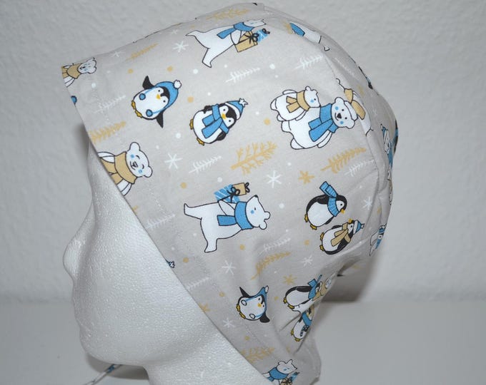 Surgical cap with polar bear design, scrub cap, bandana, cosmetic cap, peeling cap, surgical caps, chef's cap, beige with polar bear/penguin, polar bear cap, penguin cap