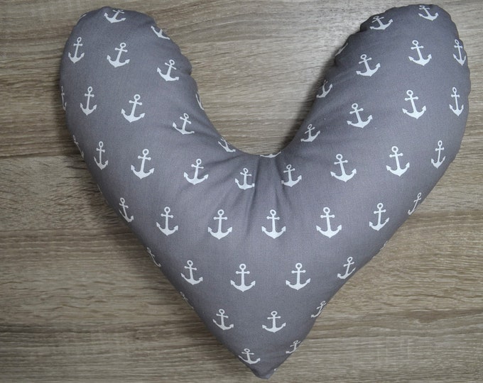 Heart pillow, chest heart pillow, mastectomy pillow, forearm pillow, breast surgery pillow, grey with white anchors, handmade