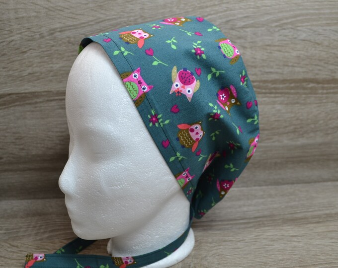 Surgical cap owl, scrub cap, bandana, peeling cap, cosmetic cap, chef's cap, surgical caps, green with owls, handmade