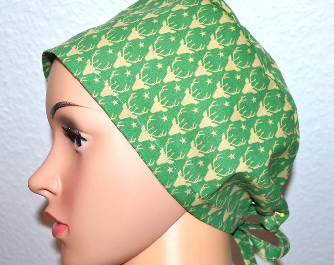 Surgical cap deer terry cloth band, scrub cap, bandana, cosmetic cap, peeling cap, chef's hat, green with deer antlers, surgical caps Christmas
