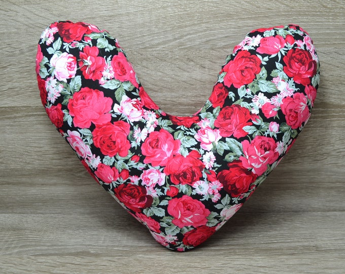 Heart pillow, breast heart pillow, mastectomy pillow, forearm pillow, breast surgery pillow, black with pink roses, handmade