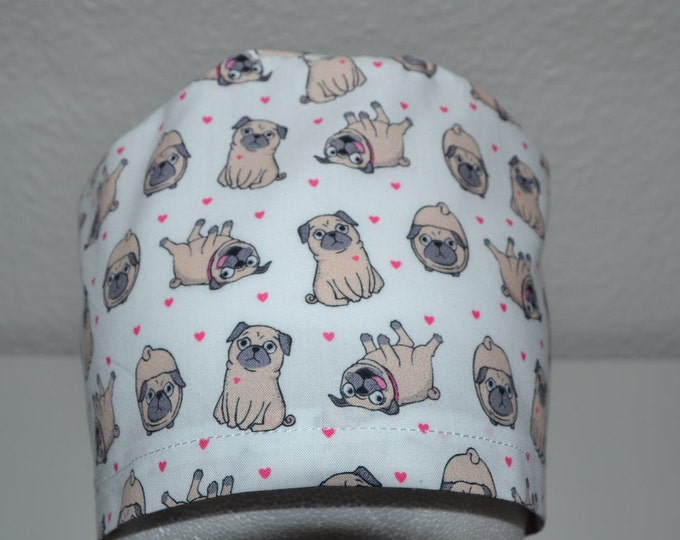 Surgical cap pug, scrub cap, bandana, cosmetic cap, chef's hat, peeling cap, surgical caps, white with pugs, handmade