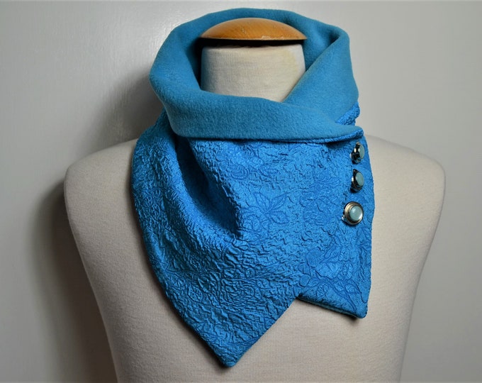 Button loop rose embossing, button loops, loops, scarf, scarf with buttons, rose pattern turquoise and blue fleece, button loop checks, loop, handmade