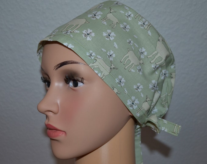 Surgical cap goat terry band, scrub cap, cosmetic cap, cooking cap, bandana, peeling cap, lime green with goats, handmade