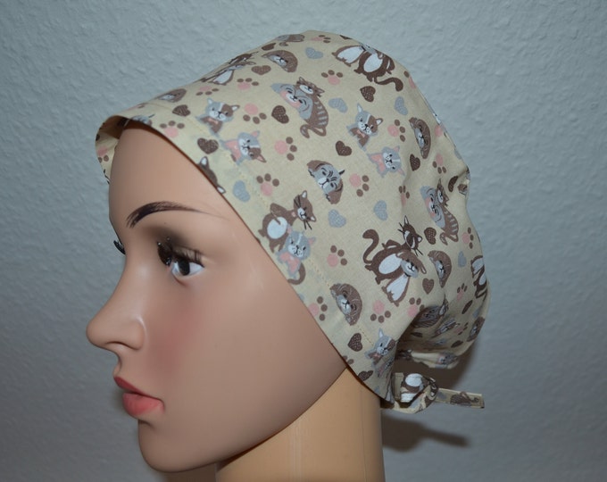 Surgical cap dog & cat terry band, scrub cap, cosmetic cap, cooking cap, bandana, peeling cap, surgical caps, beige with cat and dog, handmade