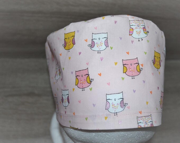 Surgical cap owl with terry cloth band, scrub cap, bandana, chef's cap, cosmetic cap, peeling cap, pink with owls and glitter wings, handmade