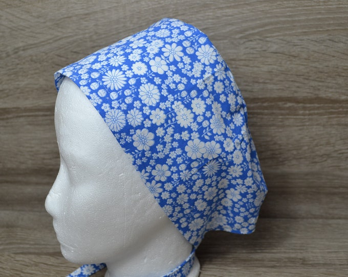Surgical cap flower, scrub cap, bandana, cosmetic cap, chef's hat, peeling cap, surgical caps, blue with flowers, handmade