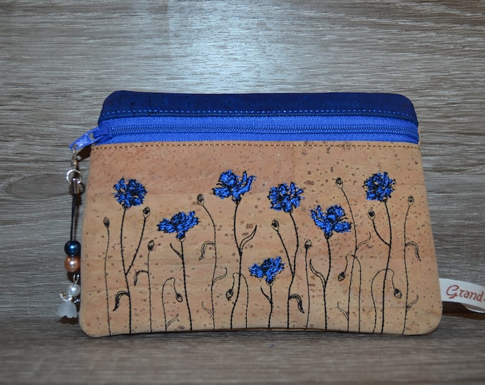 Cork cosmetic bag with cornflowers, cork bag, cork bag, cosmetic bag, odds and ends bag, cornflower, handmade