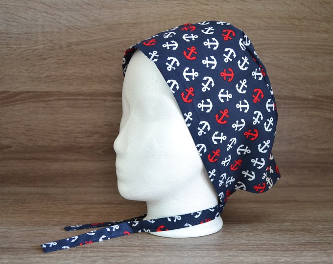 Surgical cap anchor with terry cloth band, scrub cap, bandana, scrub hat, chef's cap, cosmetic cap, surgical cap, blue with anchors, handmade