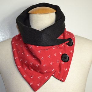 Button loop red anchor, button loops, loops, scarf, cotton jersey anchor red and black fleece, wrap scarf, wrap loop, handemade