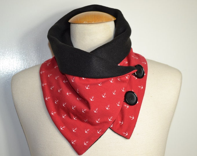 Button loop red anchor, button loops, loops, scarf, cotton jersey anchor red and black fleece, wrap scarf, wrap loop, handemade