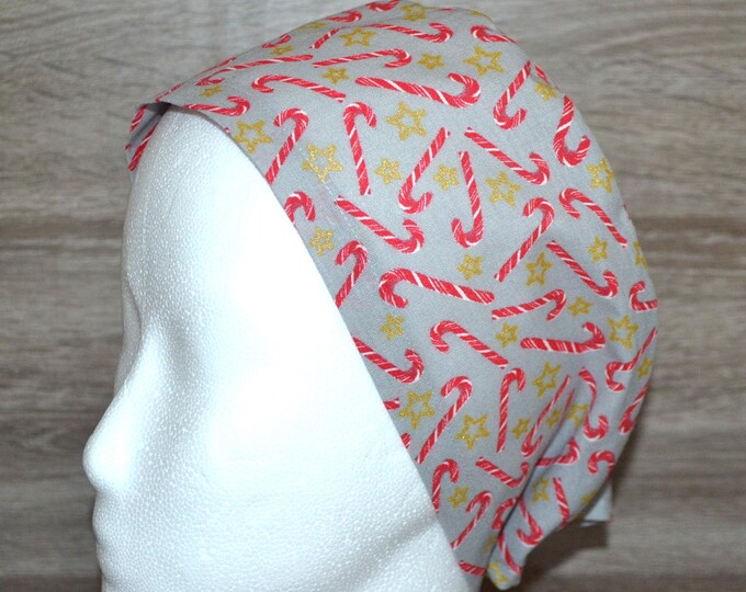 Surgical cap with candy cane design, scrub cap, bandana, cosmetic cap, chef's hat, grey with candy canes, Christmas surgical caps, Christmas cap