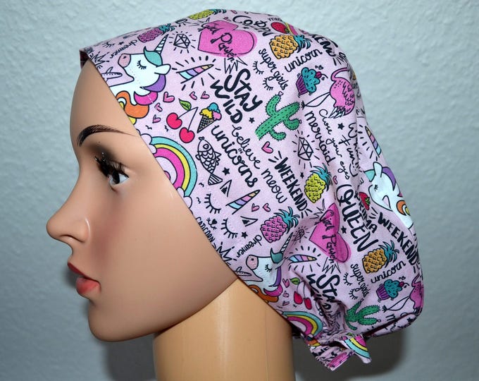 Surgical cap XL for long hair unicorn, XL scrub cap, bandana, cosmetic cap, cooking cap, peeling cap, taupe with unicorns, unicorn cap,
