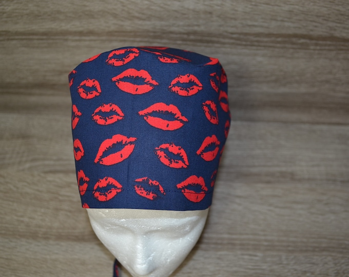 Surgical cap, mouth terry cloth band, scrub cap, cosmetic cap, chef's cap, bandana, peeling cap, surgical caps, blue with lips, handmade