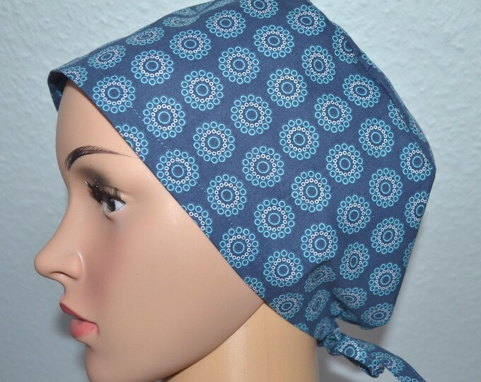 Surgical cap circles with terry cloth band, scrub cap, bandana, cosmetic cap, peeling cap, surgical caps, chef's hat, blue with circles, handmade