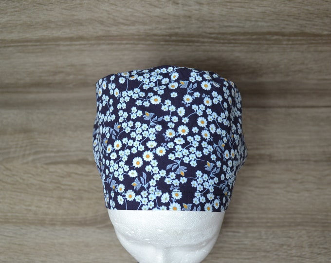 Surgical cap flowers with terry cloth band, scrub cap, cosmetic cap, bandana, peeling cap, cooking cap, blue with white flowers, floral, handmade