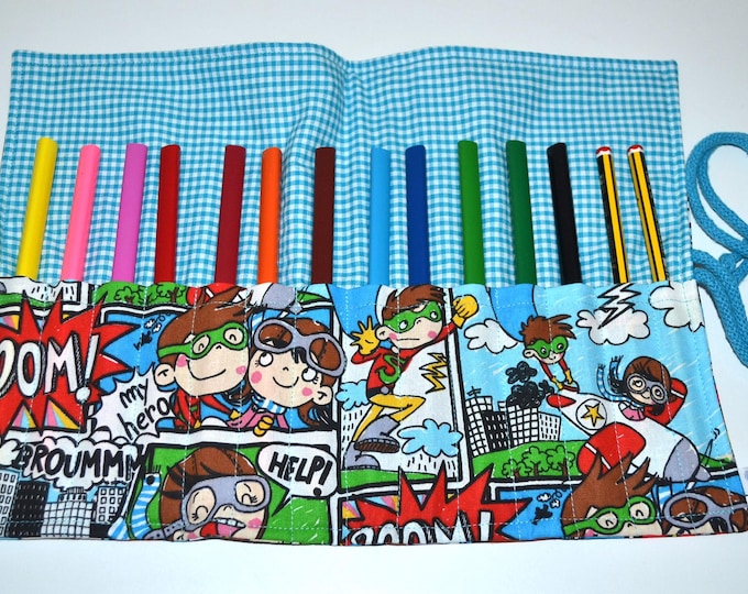 Pencil roll case comic, pencil roll, pencil case, pencil case for 14 thick colored pencils, pencil storage, fabric pencil case in blue or red