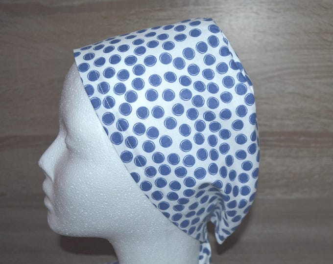 Surgical cap dots, scrub cap, bandana, cosmetic cap, cooking cap, peeling cap, white with blue dots, handmade