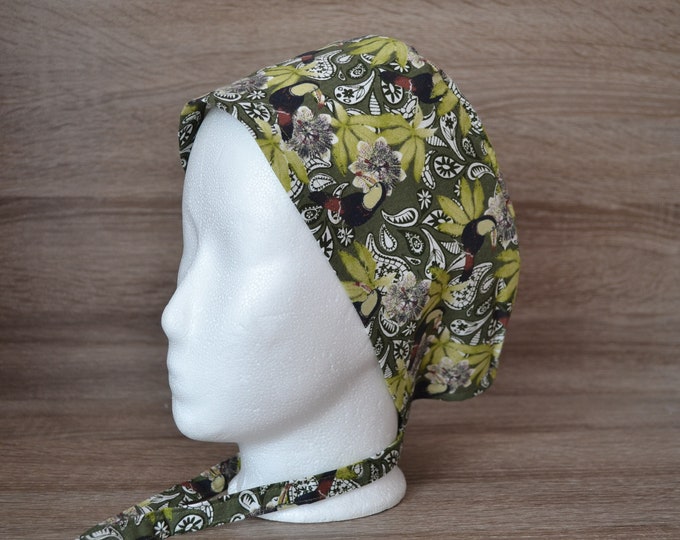 Surgical cap toucan terry cloth band, scrub cap, cosmetic cap, chef's cap, bandana, peeling cap, surgical caps, green with toucan jungle, handmade