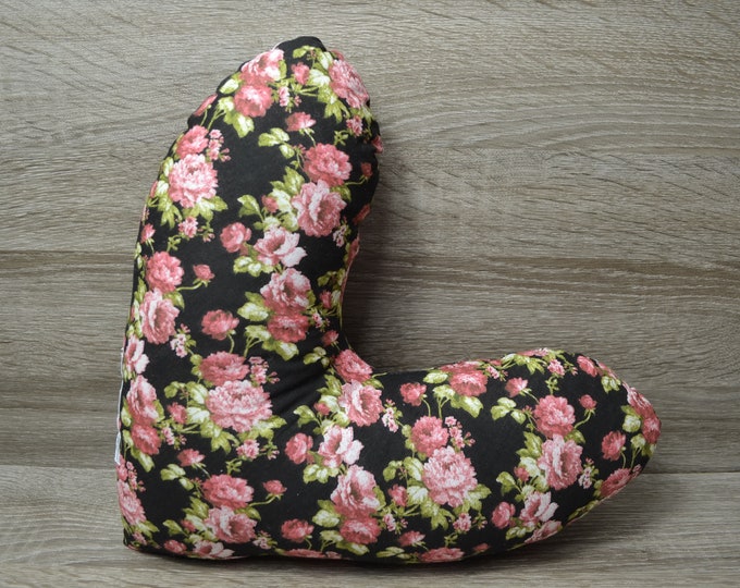 Heart pillow, breast heart pillow, mastectomy pillow, forearm pillow, breast surgery pillow, black with pink roses, handmade