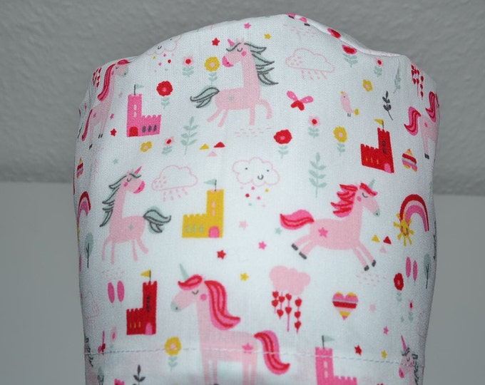 Surgical cap unicorn terry cloth band, scrub cap, bandana, peeling cap, chef's hat, cosmetic cap, surgical caps, white with unicorns, handmade