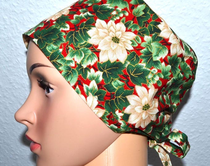 Surgical cap poinsettia, scrub cap, bandana, cosmetic cap, chef's hat, red with white poinsettias, Christmas cap floral,