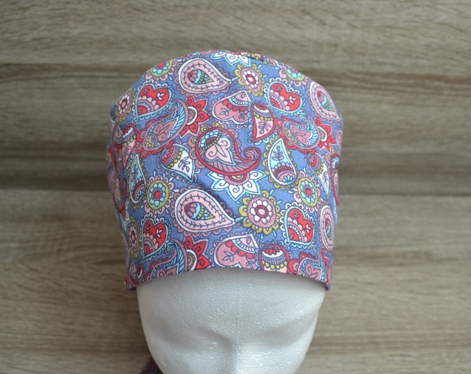 Paisley surgical cap with terry cloth band, scrub cap, chef's cap, bandana, peeling cap, cosmetic cap, surgical cap, blue with paisley, handmade