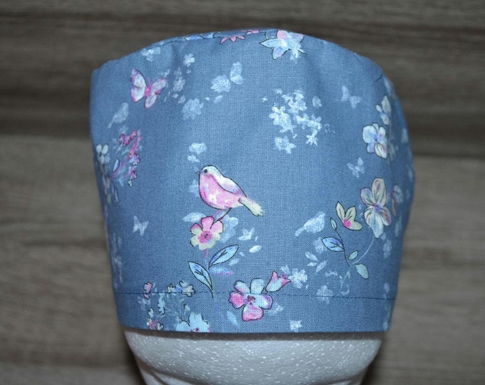 Surgical cap flower, scrub cap, bandana, cosmetic cap, chef's hat, peeling cap, surgical caps, blue with flowers, handmade