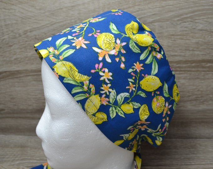 Surgical cap lemon terry cloth band, scrub cap, cosmetic cap, chef's cap, bandana, peeling cap, surgical caps, blue with lemons, handmade